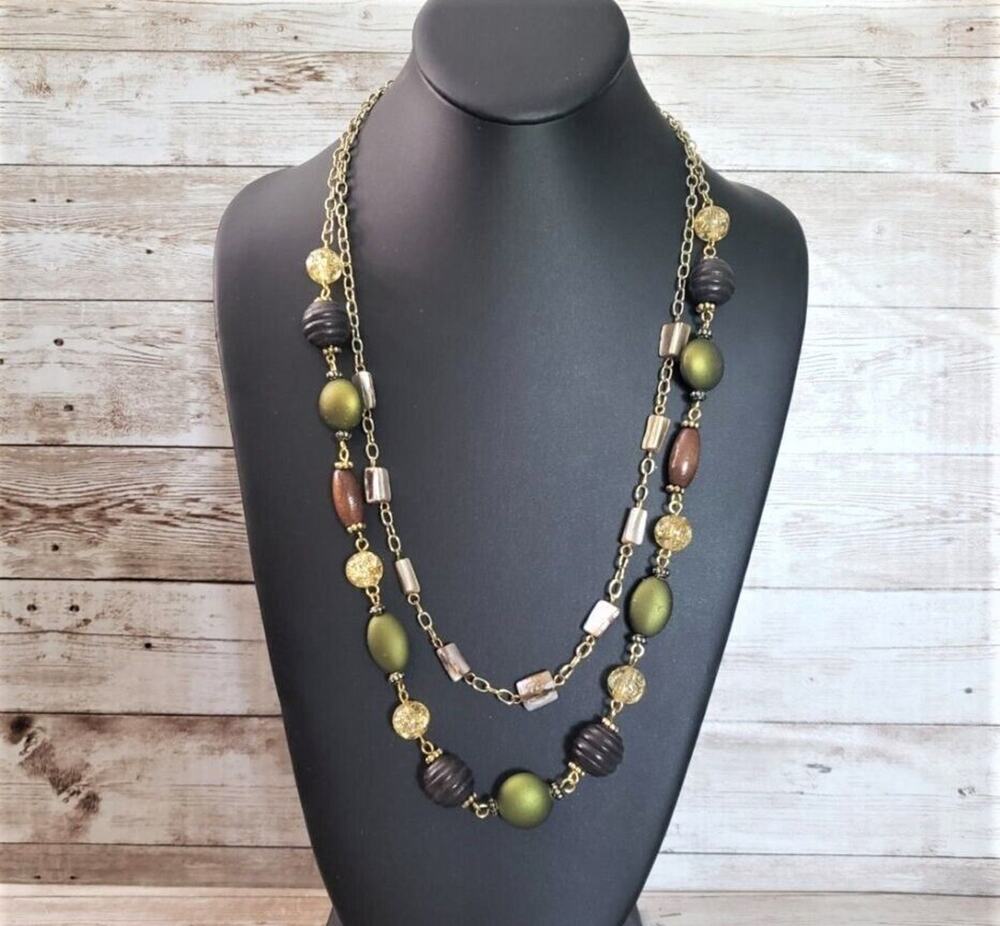 Vintage Necklace - Double Strand Green & Earth Tones Long Statement Necklace